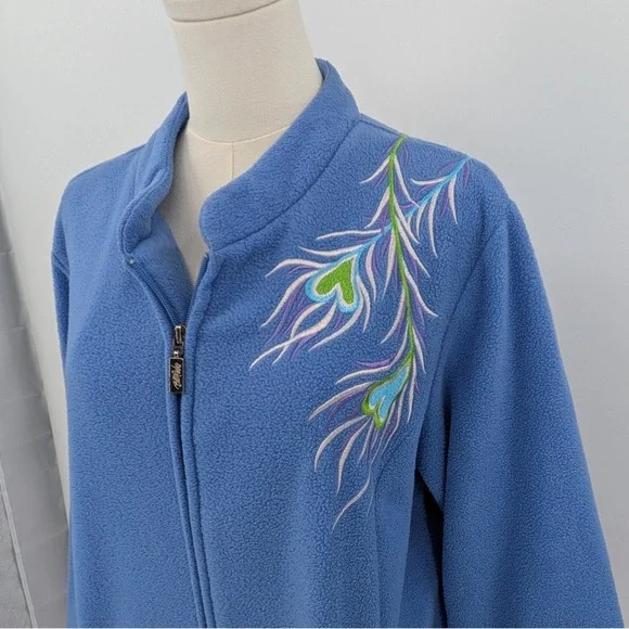 Boho Bob Mackie Wearable Art Peacock‎ Fleece Robe Sz. L Blue embroidered